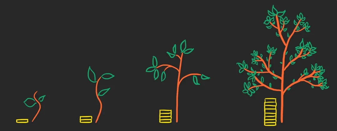 A hand-drawn seedling growing into a full tree in four steps, a stack of gold coins growing beside each one